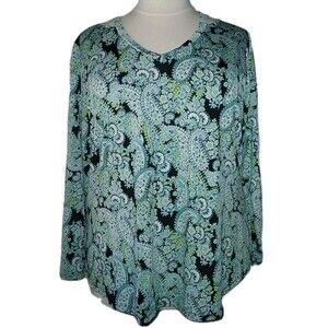 EMALINE Women 1X Paisley Floral Cut-Out Long Sleeve V-Neck Tunic Top Green Multi